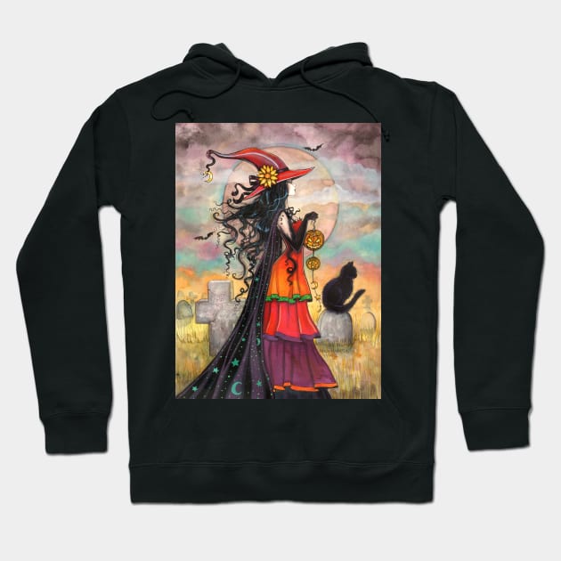 Witch Way Halloween Witch and Black Cat Fantasy Art Hoodie by robmolily